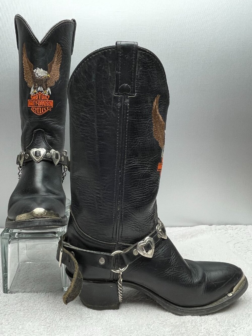 Vintage Harley Davidson Eagle Embroidered Harness Boots Black Leather Womens 8.5